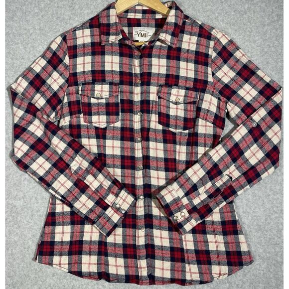 YMI Tops - YMI Flannel Shirt Womens Juniors Medium‎ Long Sleeve Plaid Pearl Snap Red Blue